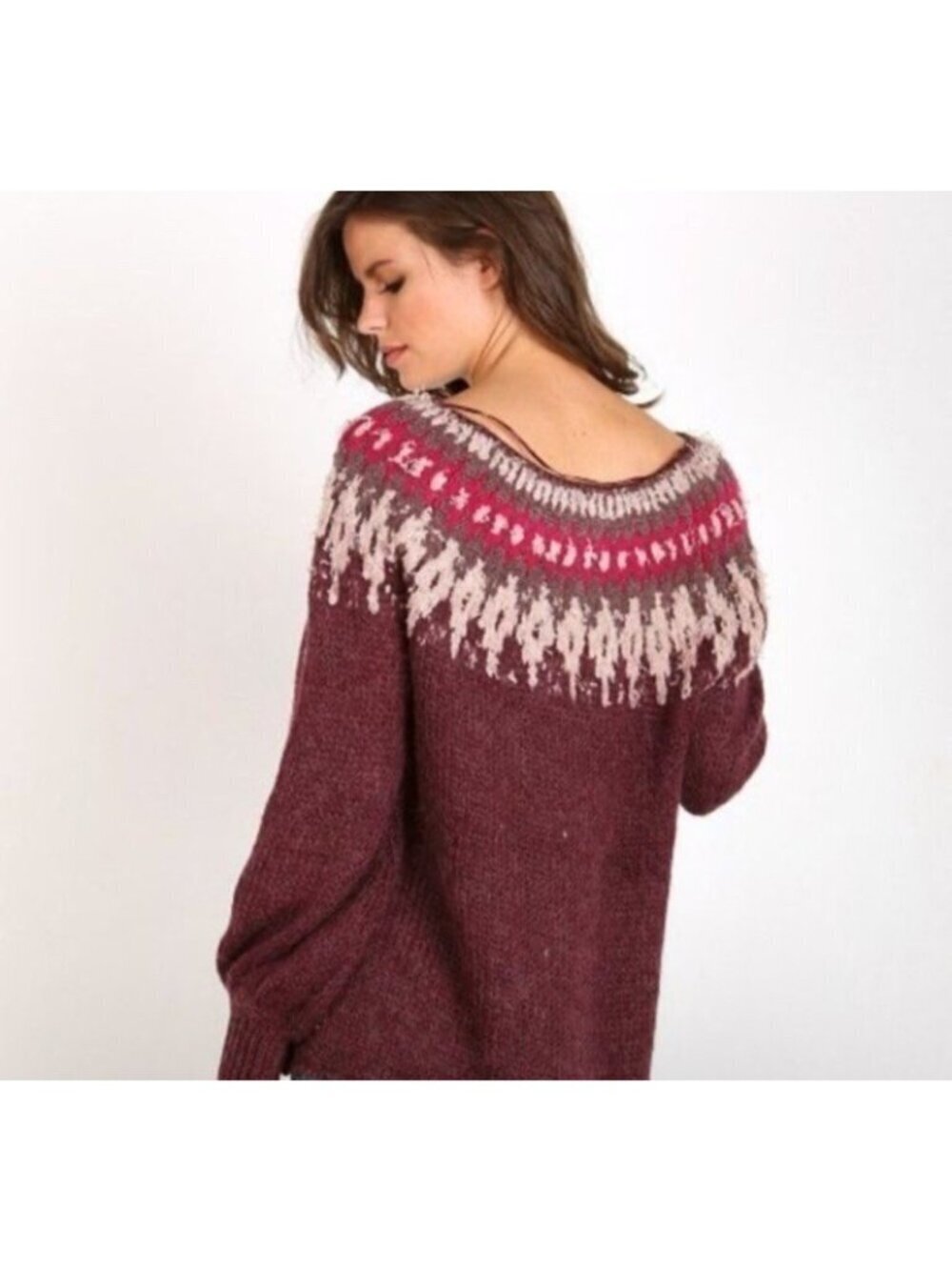 Free People Brown Fair Isle Sweater Wool Alpaca Grunge Boho Sz Small